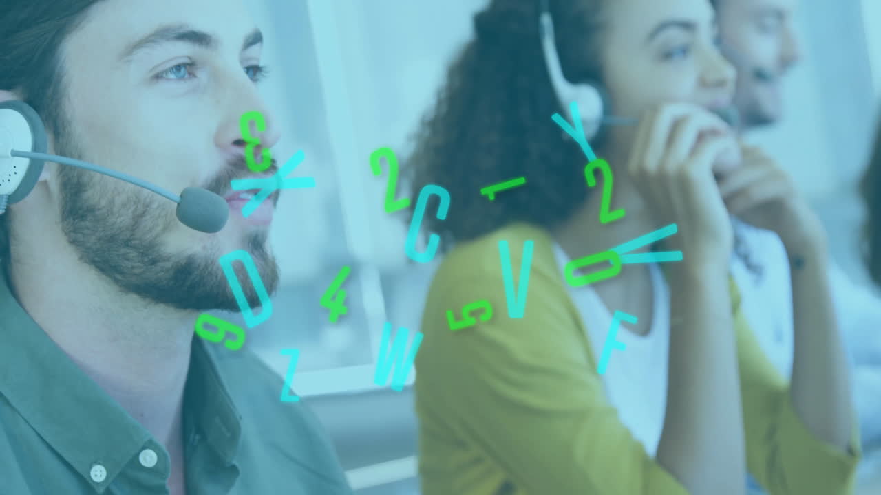 Call center agents using headsets handling business calls, displaying floating data graphics