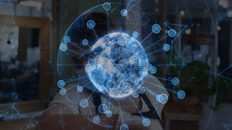 digital network connections and data processing animation over person in background