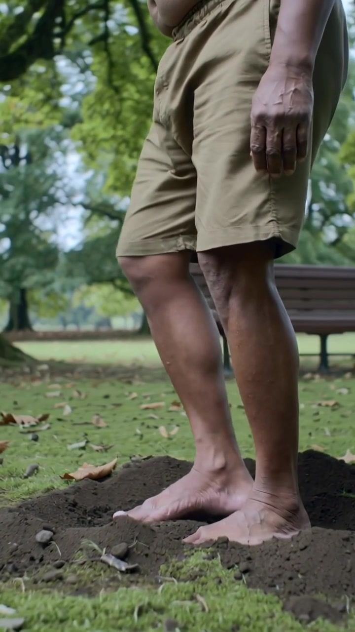 Vertical video: Placing barefoot man in khaki shorts testing footing on soil at park, ringed hand