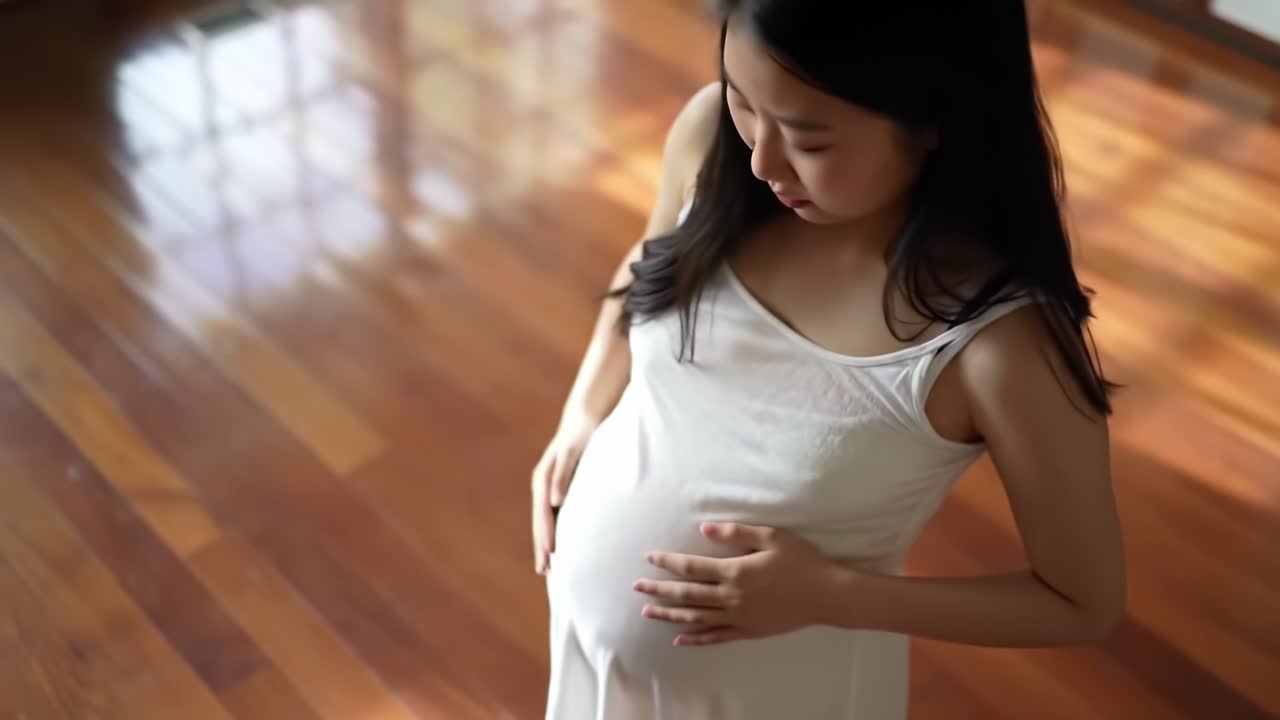 A Serene Moment of Anticipation: An Expecting Woman Gently Touches Her Baby Bump While Reflecting on the Journey of Motherhood in a Warm, Natural Setting