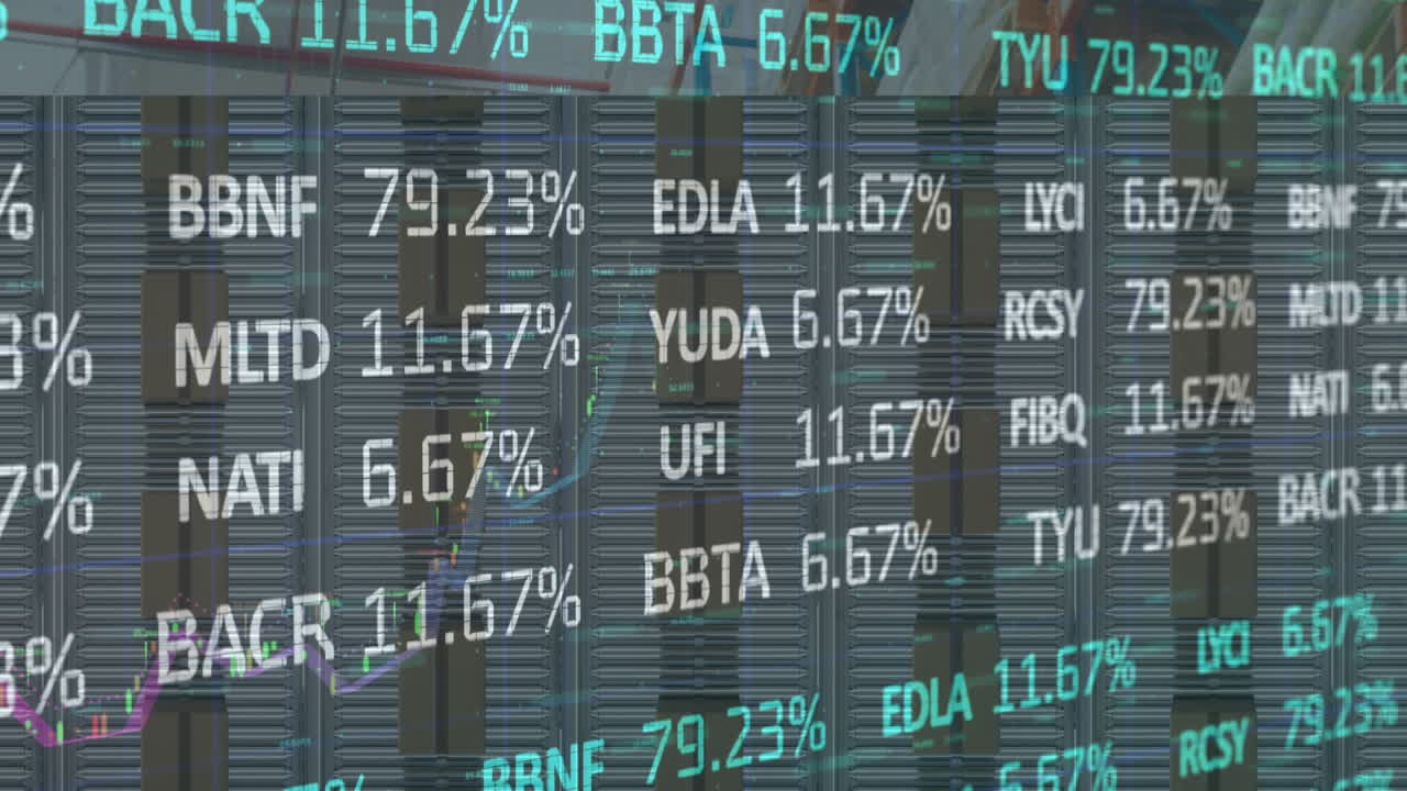 Animation of financial data processing over cardboard boxes on conveyor belts in background