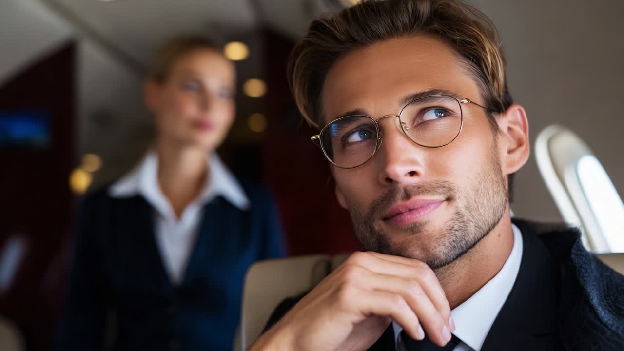 A Stylish Man in a Business Suit Ponders Thoughtfully While a Flight Attendant Looks On, Captured Inside a Luxurious Private Jet Interior with Elegant Details and an Air of Sophistication