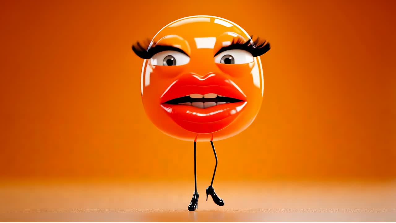 Orange character with legs and makeup. A round orange character stands with legs and facial features. It has large eyes, long lashes, and full lips