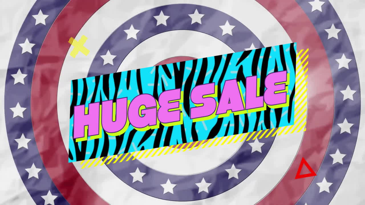Huge sale animation with colorful zebra pattern and starry circular background