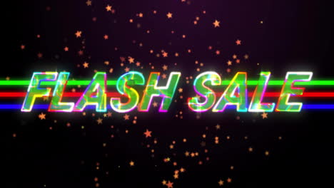 flash sale text animation with colorful stars on dark background