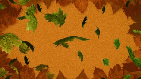 mehrere herbstahornblätter fallen über blätter und kopieren den raum gegen orangefarbenen hintergrund