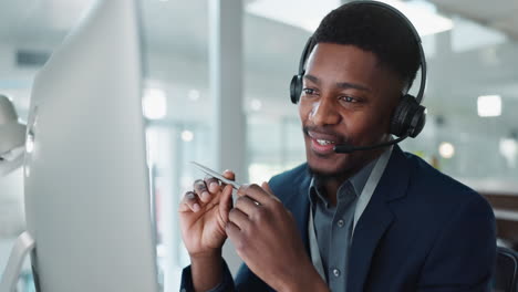 Computer,-call-center-and-happy-black-man-talking