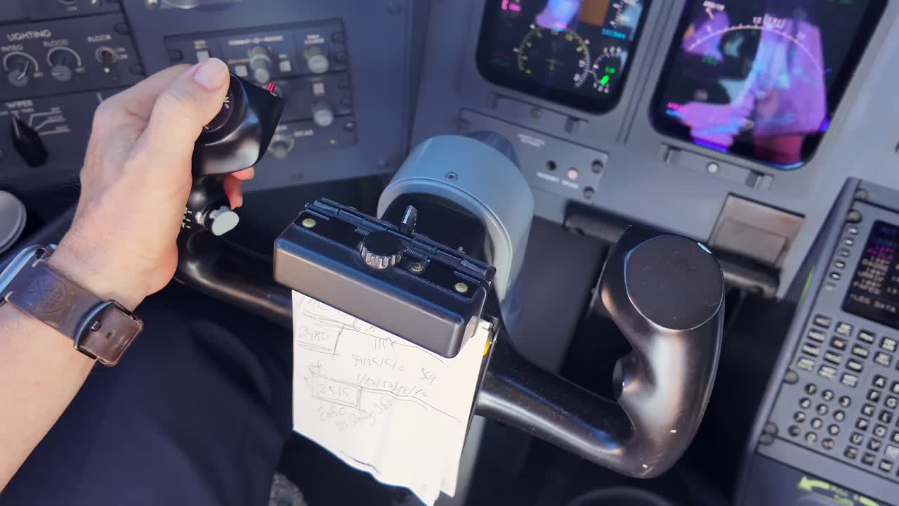 Close-up view of the left hand of a pilot on the control yoke inside a modern aircraft cockpit