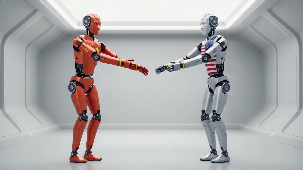A Dynamic Interaction Between Two Futuristic Robots Representing Different Cultures and Technologies in a High-Tech Environment