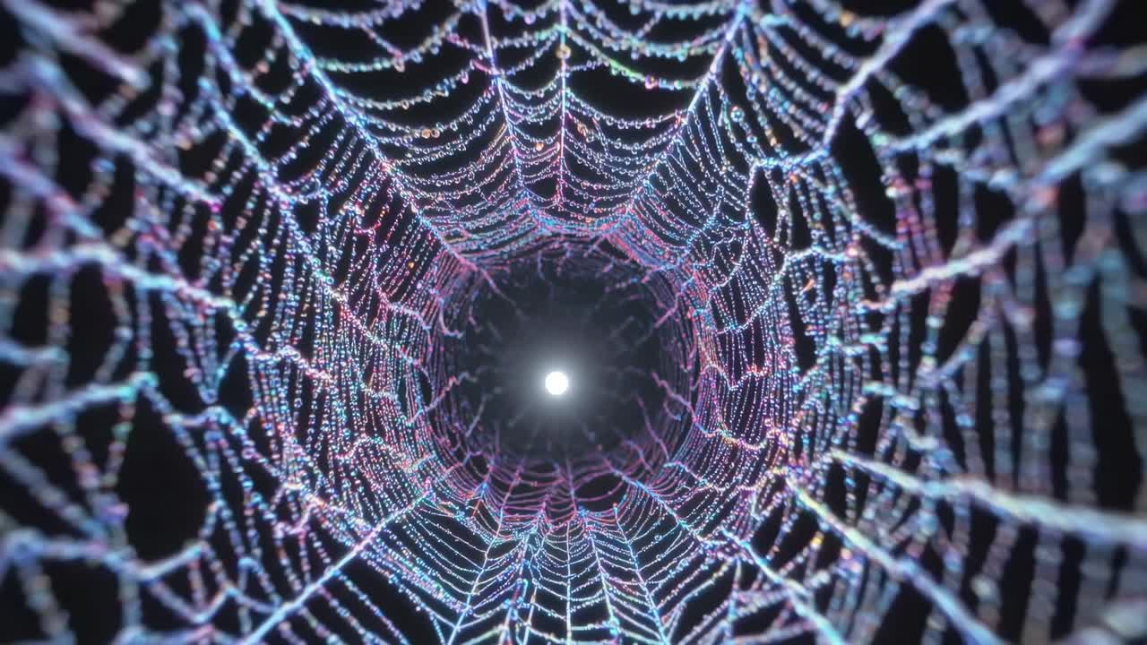 Intricate web structure illuminated by soft light, showcasing vibrant colors and delicate patterns, creating a mesmerizing visual journey through the scene
