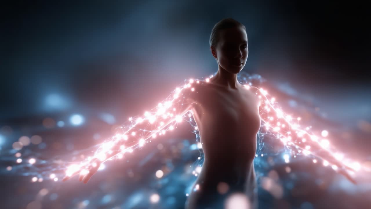 Una figura luminosa emerge en un reino digital, irradiando energía y luz, simbolizando la conexión entre la humanidad y la tecnología en un componente visual impresionante