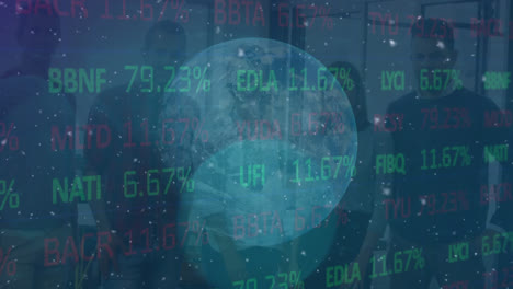 animation of stock market with snow and globe over diverse business people