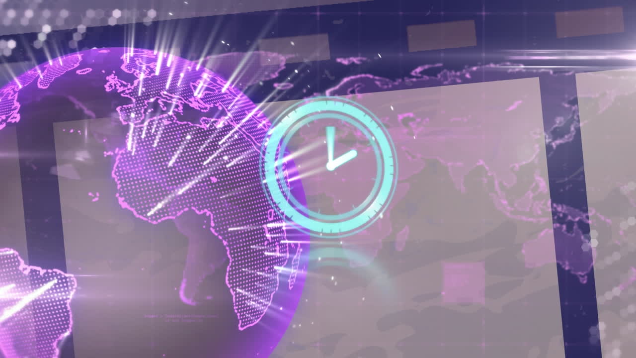 animación del escáner con la cara del reloj sobre la red global rosada brillante y la tira de película