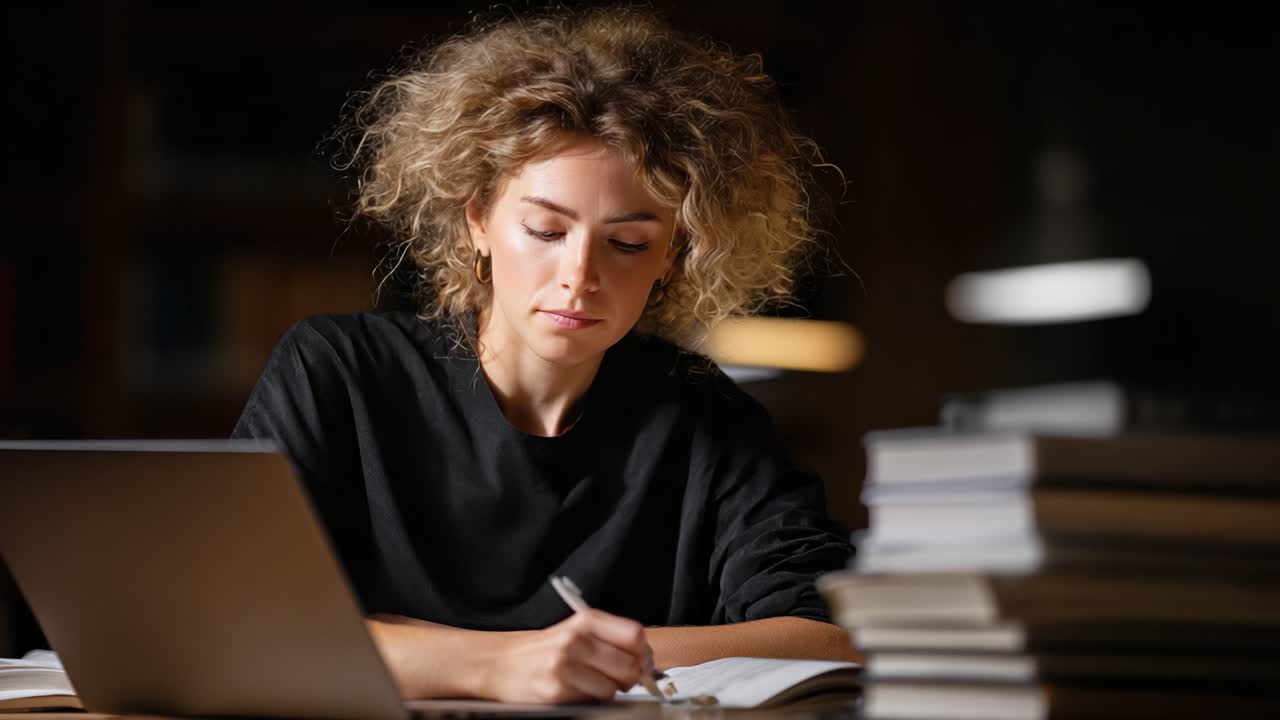 A focused young woman immersed in her studies, surrounded by books and illuminated by soft lighting, demonstrating dedication and concentration in her academic pursuits
