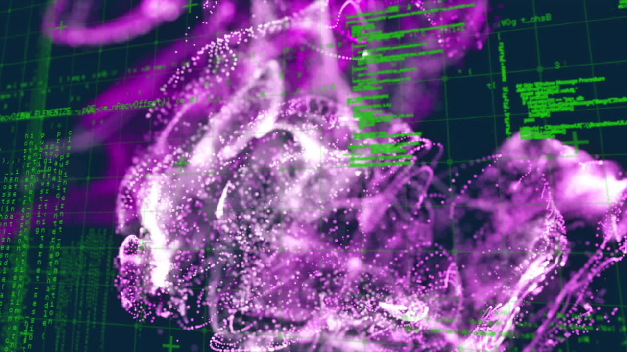 animación de un patrón abstracto sobre un patrón de cuadrícula en contra del lenguaje informático sobre un fondo negro
