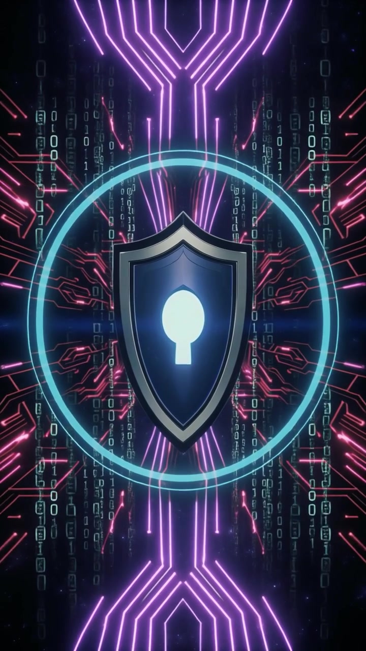 Digital Cybersecurity Shield with Glowing Circuitry and Binary Code