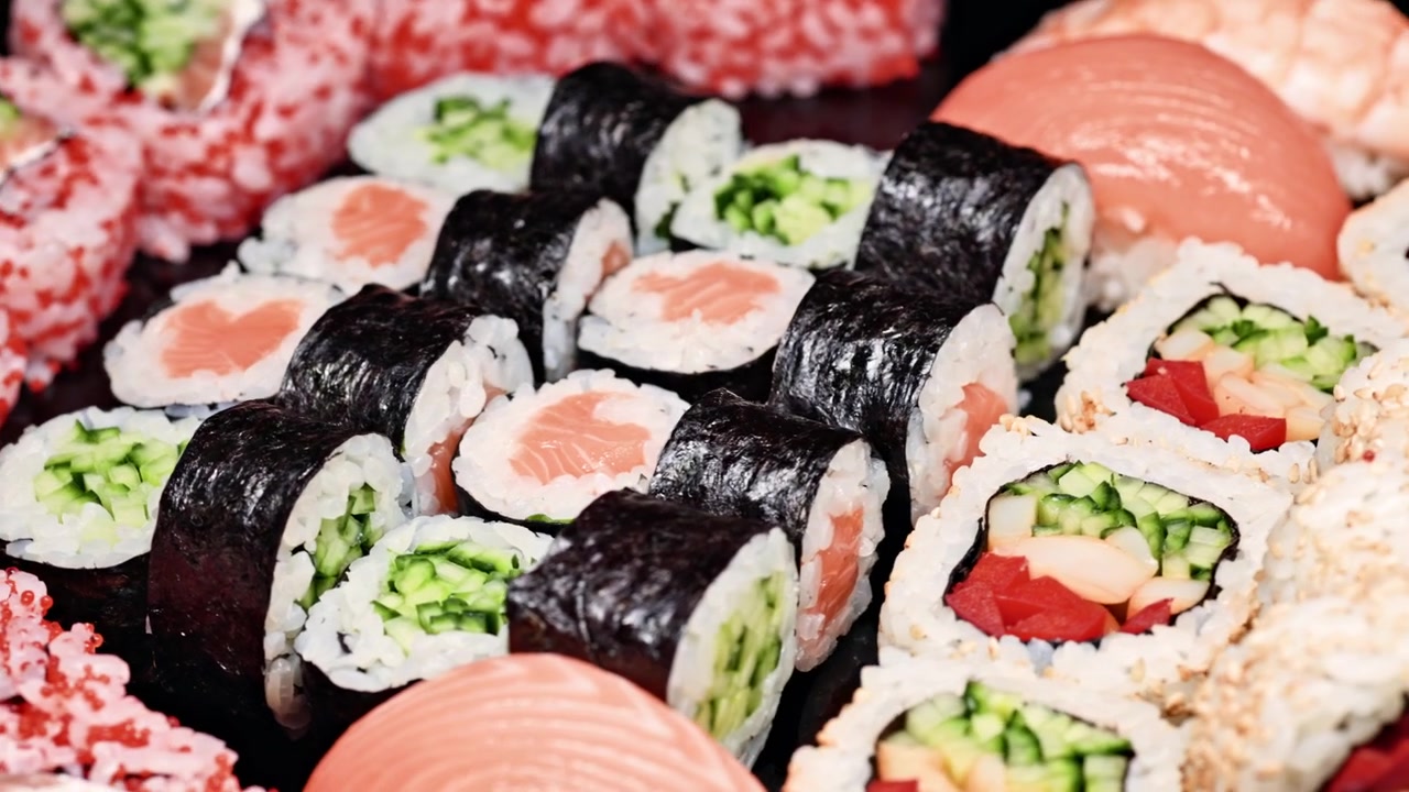 Gulungan sushi dan sashimi ditata dalam tampilan penuh warna di restoran saat jam makan siang