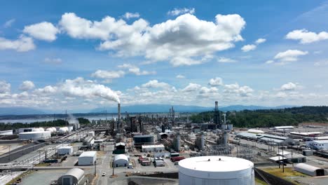 wide drone shot of an expansive oil processing plant