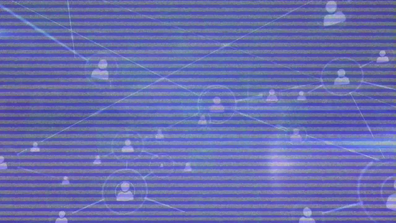 グリッチの上に人物アイコンが重なる接続ネットワークのアニメーション。