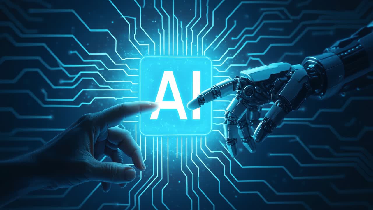 Futuristic video concept of AI collaboration. Close-up angle of human and robotic hands reaching