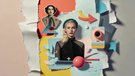 creative collage with women, geometric shapes, and camera elements