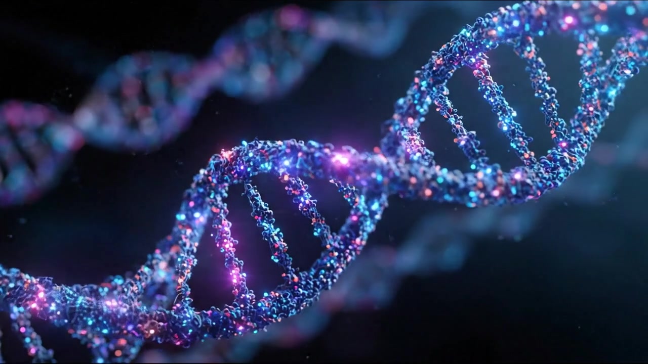 Glowing DNA double helix rotating through a colorful molecular environment