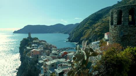 Cinque-Terre-Vernazza-coastal-village,-sea,-sky,-sun,-church,-Italy,-vacation,-tourism,-exploration,-trekking,-cactus,-succulents,-tower