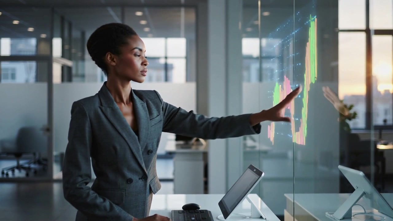 Checking wristwatch, executive in dark suit tapping glass display in modern office, analyzing spike