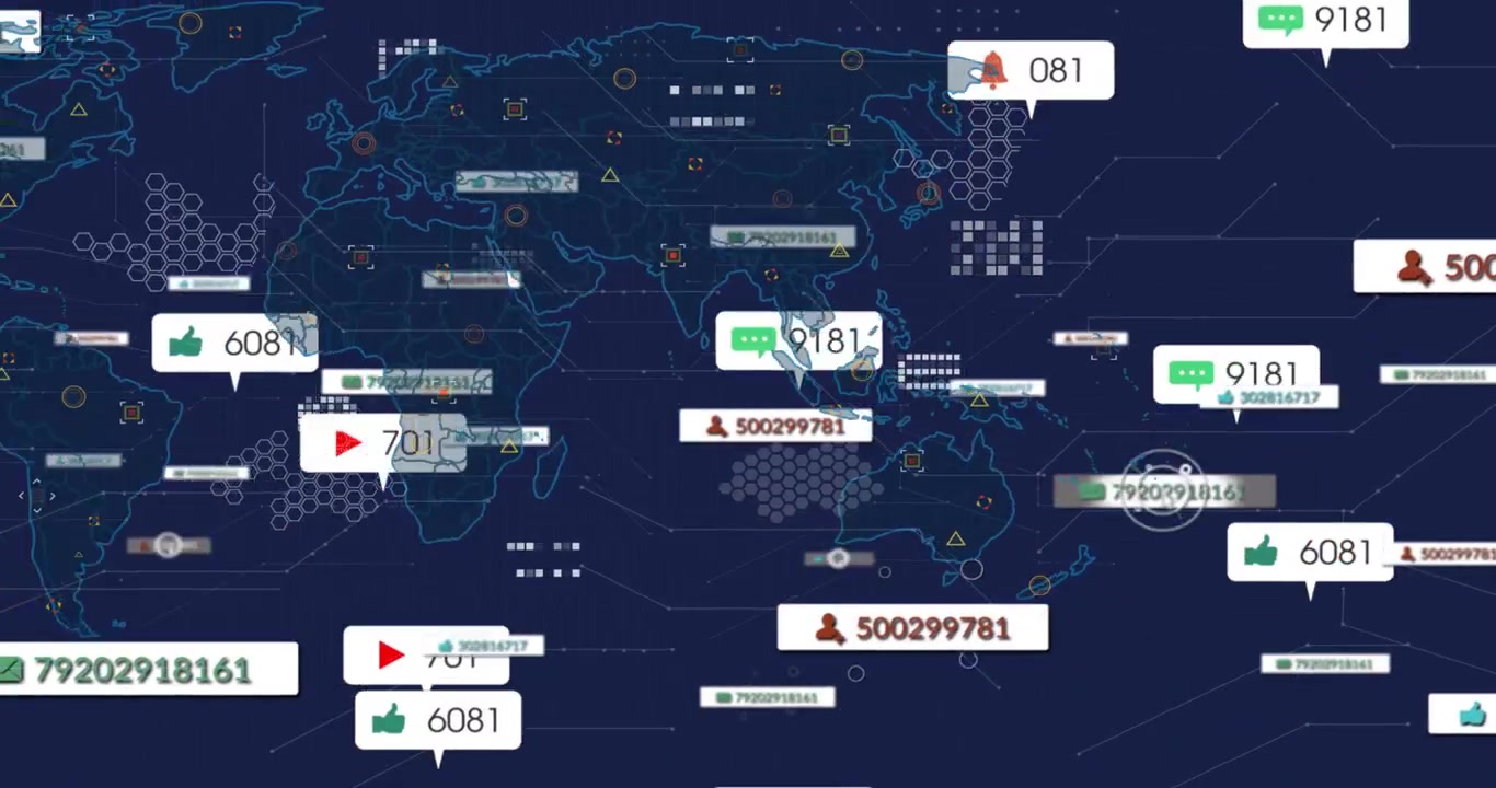 Single data tag appearing, neon world map filling pulsing tags, icons, counters, showing analytics