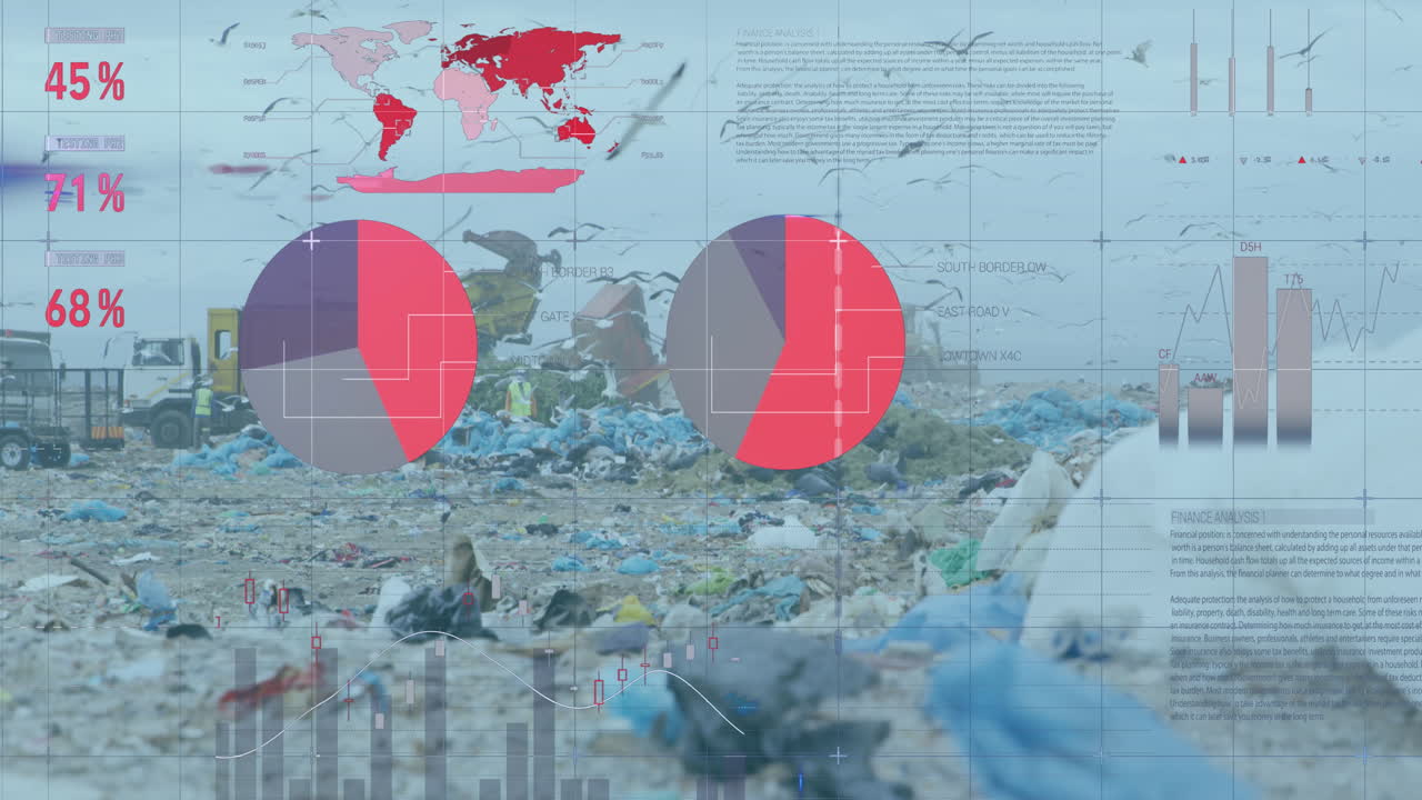 하늘을 날아다니는 새와 함께 쓰레기 매립지에 대한 금융 데이터 처리