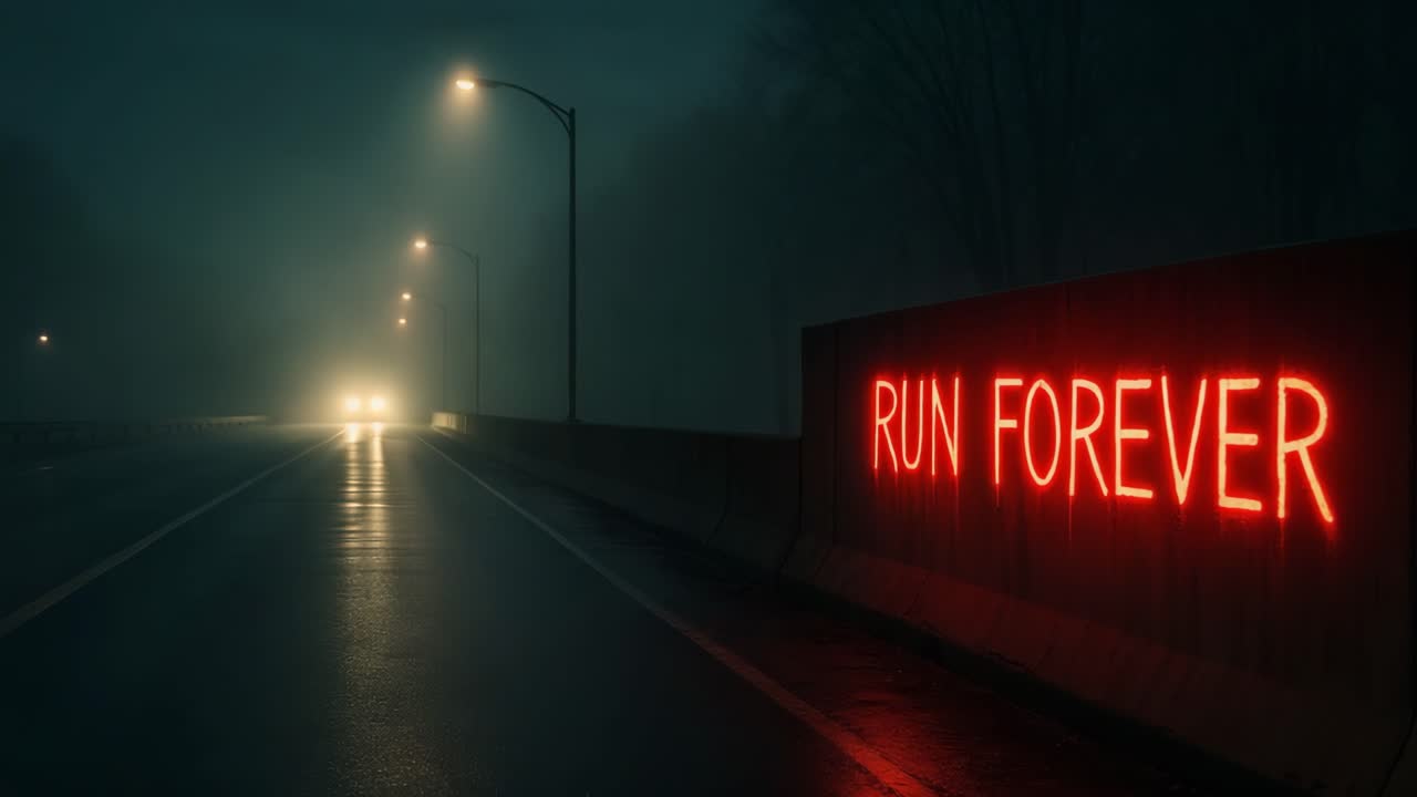 Neon sign glowing in foggy night, urging to run forever along empty road with streetlights