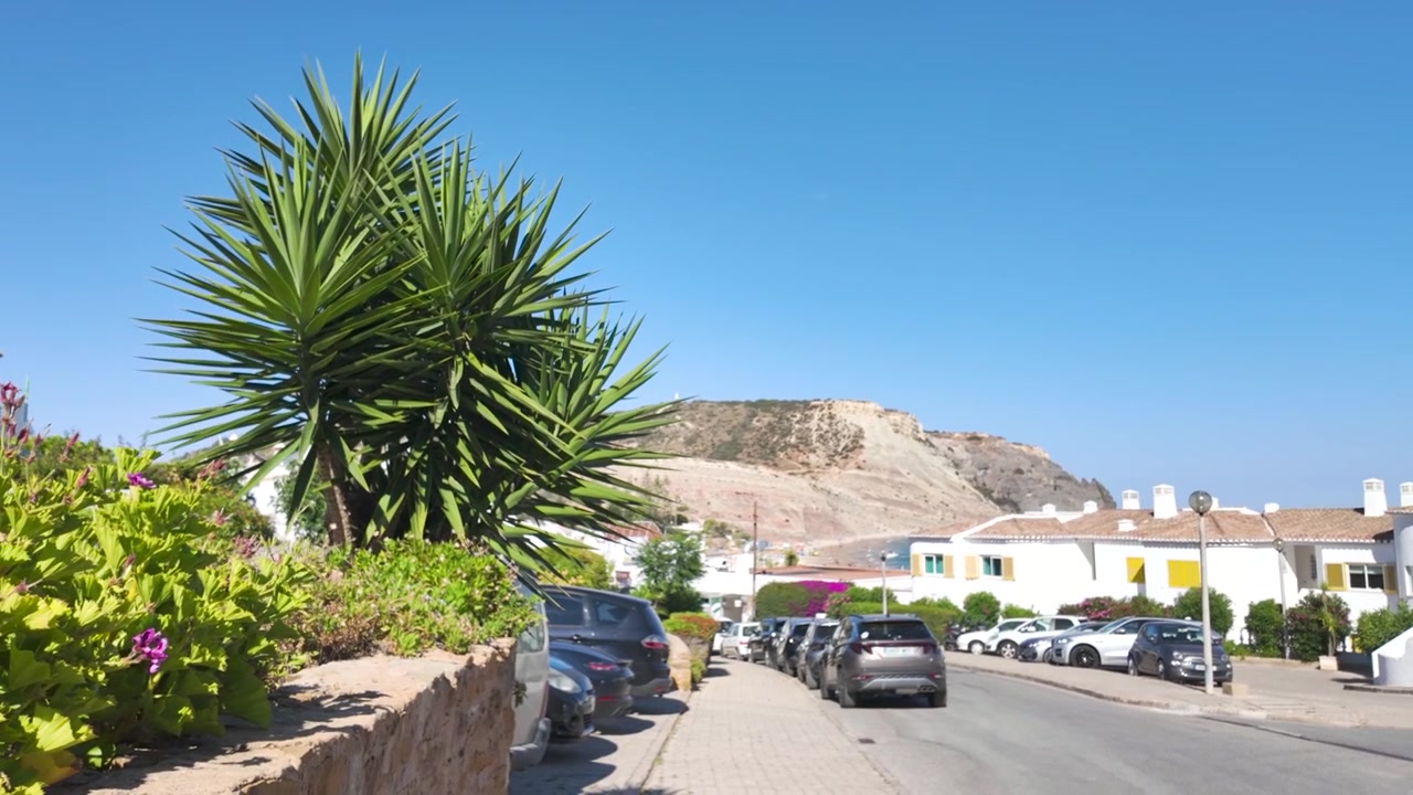 Praia da Luz, Portekiz'de beyaz evli ve yemyeşil bitki örtülü güneşli sokak.