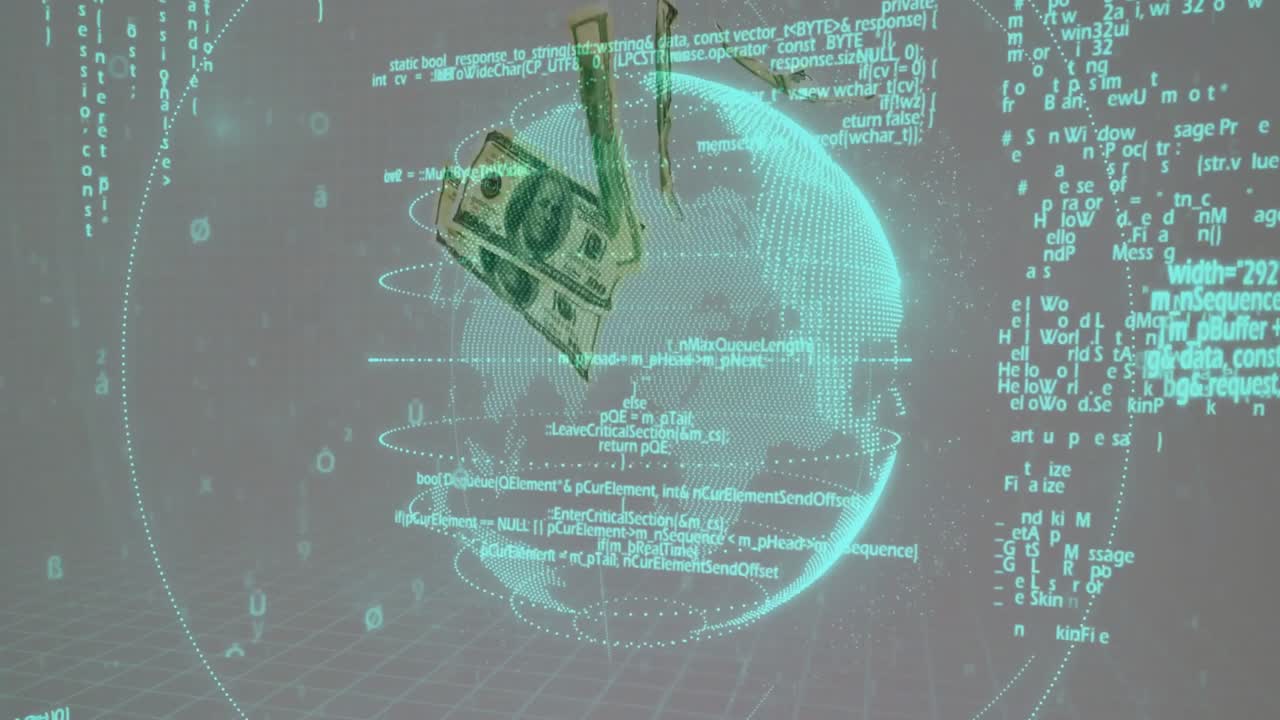Su un flusso di codice, un globo puntinato ciano ruota con banconote da un dollaro che cadono e orbitano, a indicare fondi