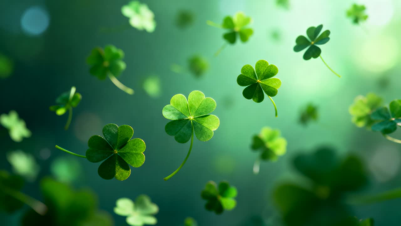Drifting clover leaves turning and tumbling from light breeze at meadow showing droplets and bokeh