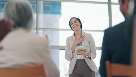 presentation, tradeshow and woman on tablet