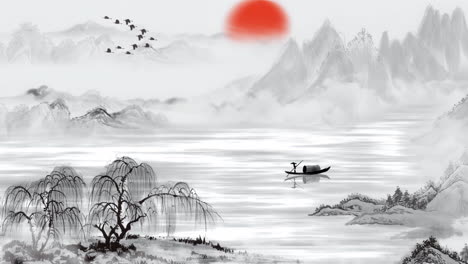 Digital-art-ancient-Retro-traditional-Chinese-style-ink-landscape-fantasy-animation-material-Painting-of-beautiful-calm-trees,-mountains,-flowers,-lake,-water,-birds,-blue-sky,-boat,-cherry-season