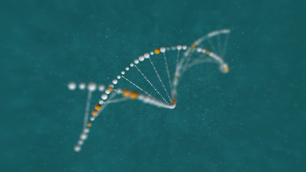 adn abstracto animación 3d en fondo azul. holograma azul brillante rotación del adn doble hélice. conceptos de ciencia y medicina. fondo sin costuras loopable partículas flotantes en el fondo