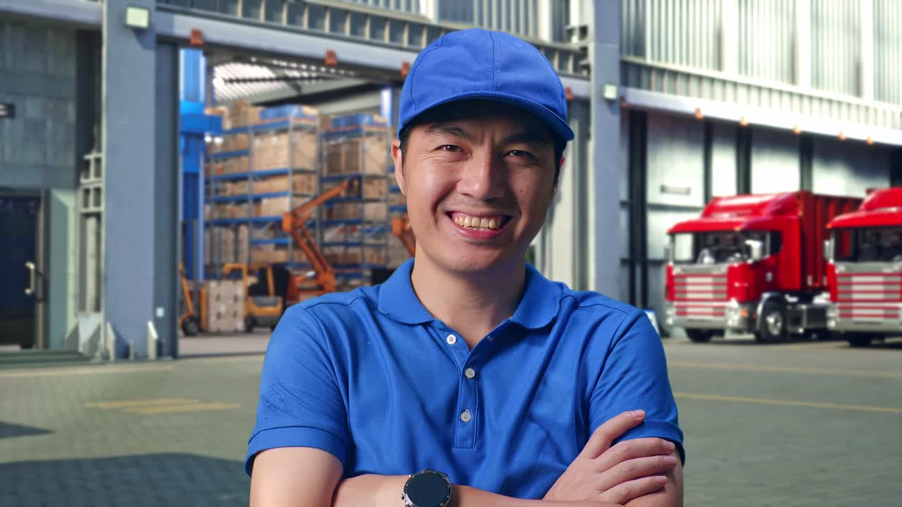 Close Up Of Asian male Courier In Blue Uniform Smiling Crossing his Arms, Outside of Logistics Distributions Warehouse