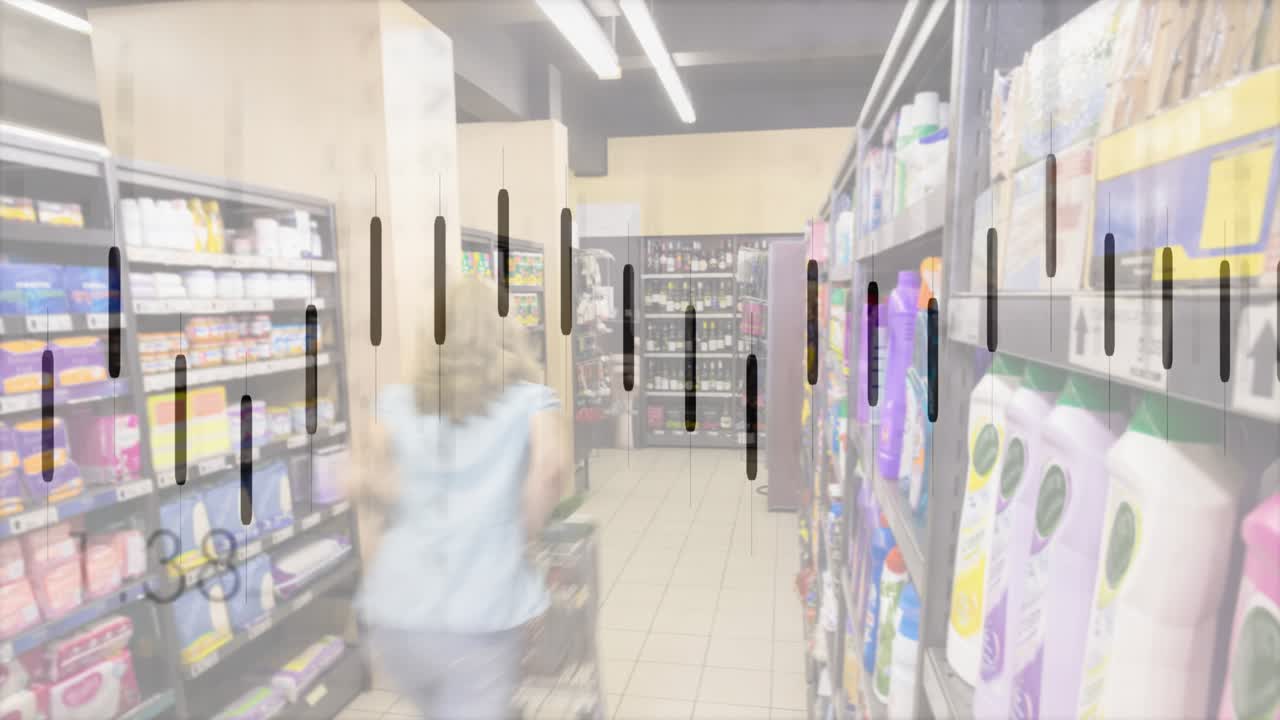Female shopper walking down grocery aisle, motion initiating animated graph showing stock levels