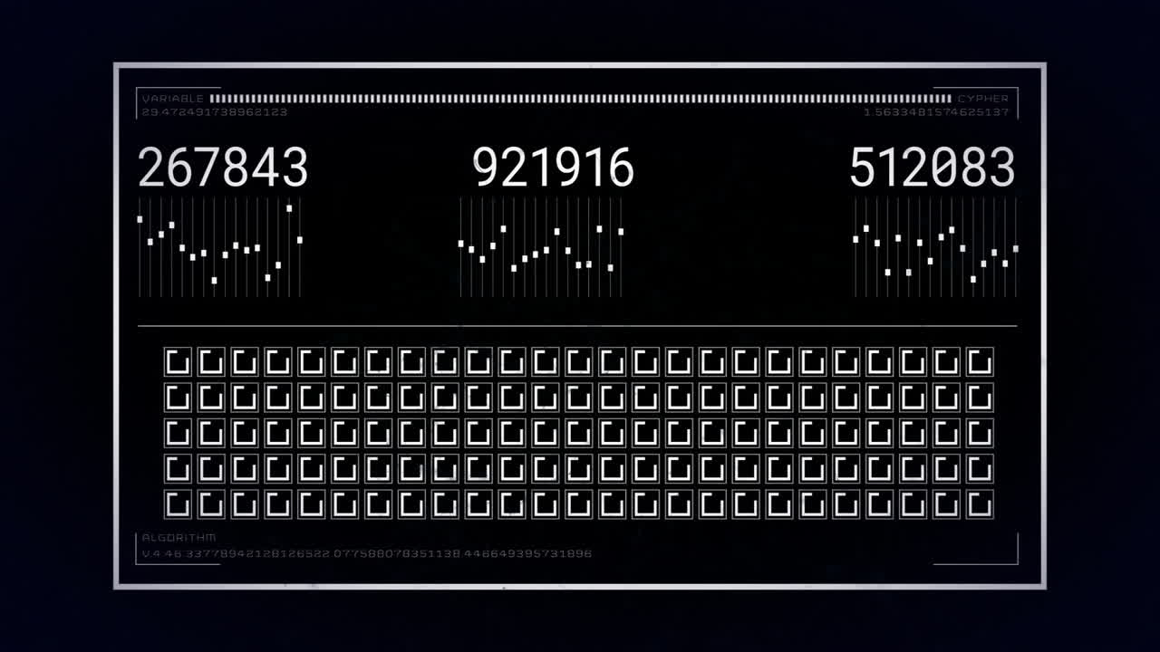 Data processing animation with numbers and binary code over dark background