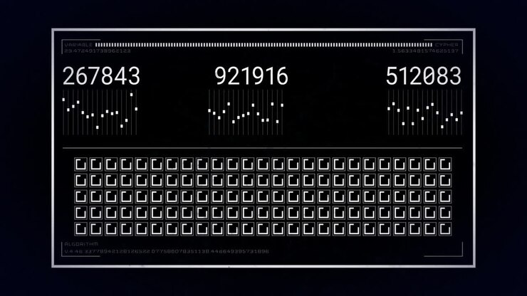 Datenverarbeitungsanimation mit Zahlen und Binärcode vor dunklem Hintergrund