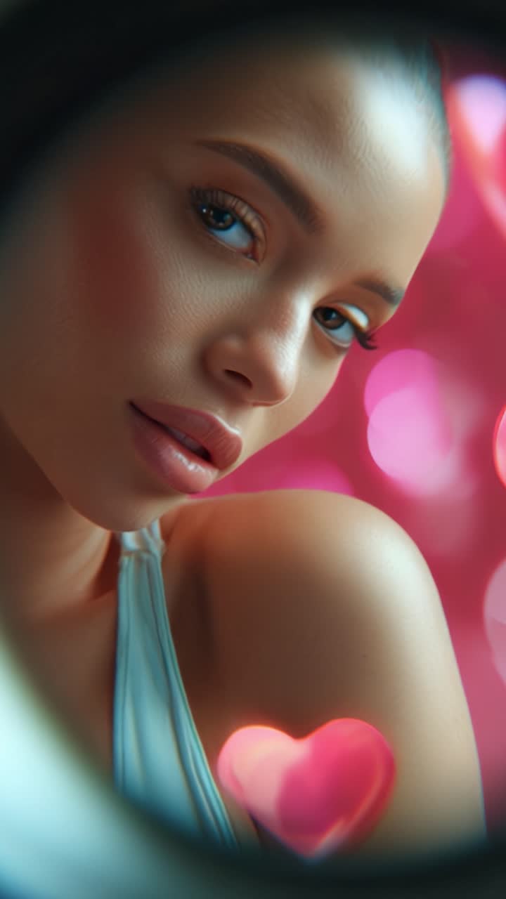 Ritratto ravvicinato accattivante di una donna luminosa con occhi incantevoli, circondata da cuori rosa morbidi e sfocati per un'atmosfera romantica e sognante.