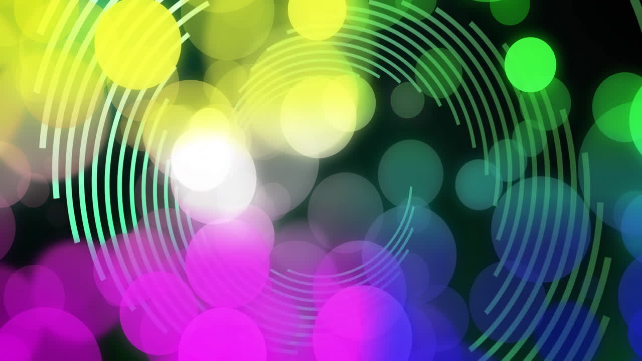 Abstract bokeh circles swirling in neon 3D render, featuring segmented concentric arc lines glowing