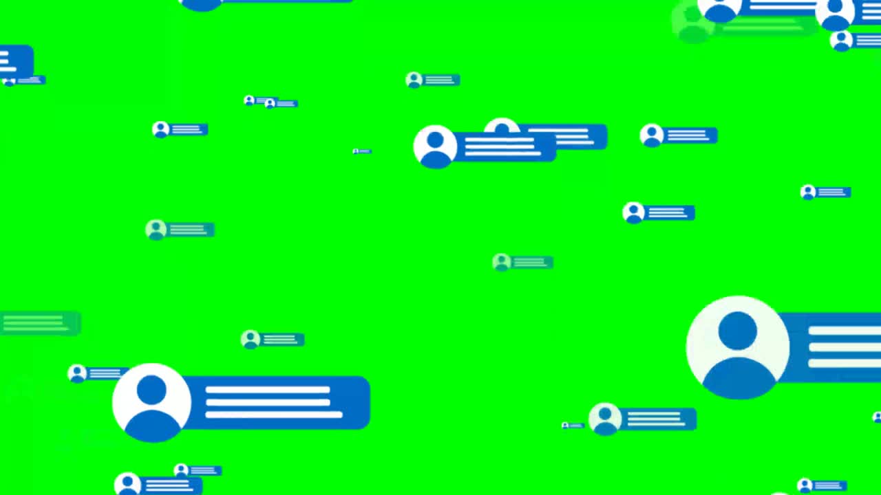 4k, los mensajes de los usuarios globos flotantes. iconos de las redes sociales animación en el fondo de la clave de croma verde