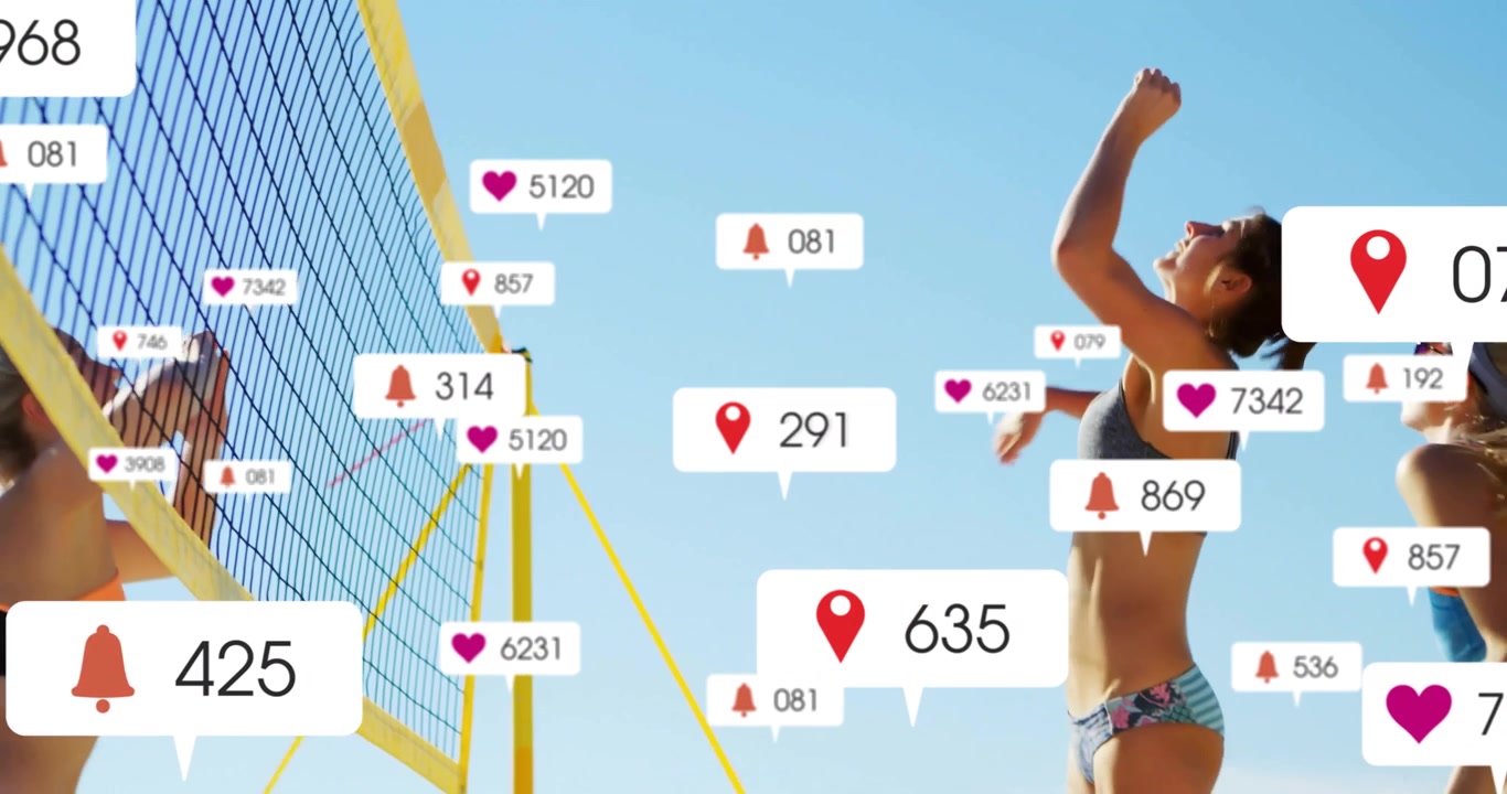 Animation of digital data processing over diverse beach volleyball players