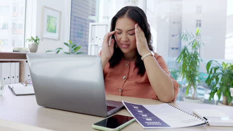 Stress,-laptop-and-headache-with-asian-woman