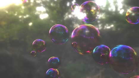 colorful soap bubbles floating in the forest