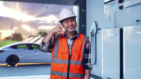 asian male engineer with safety helmet smiling to camera and making call me gesture while standing with home energy storage system in a modern garage