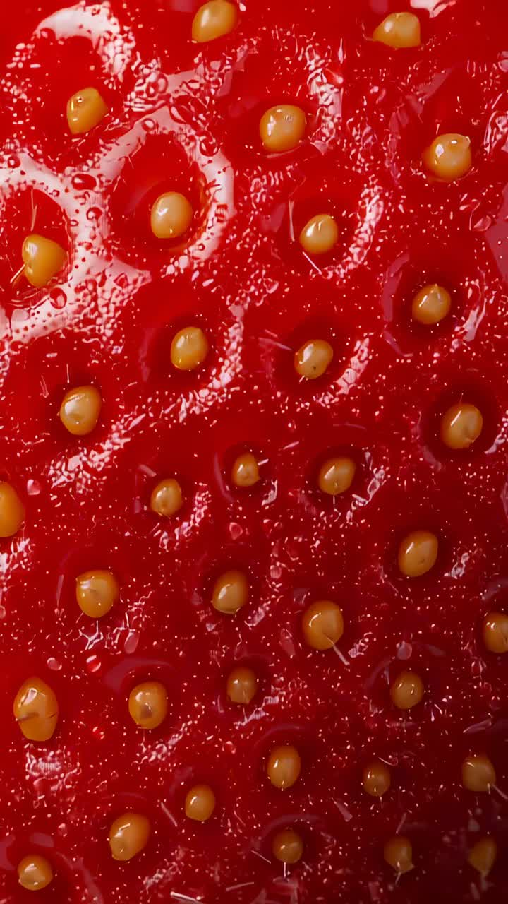 Video verticale: macro iniziale di pelle di fragola matura che mostra semi, peli e lucentezza, evidenziando i dettagli del calice