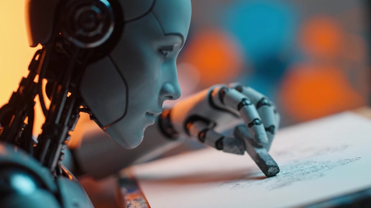 En futuristisk robot tegner kreativt med en farveblyant, der viser skæringspunktet mellem teknologi og kunst i en fængslende visuel oplevelse.